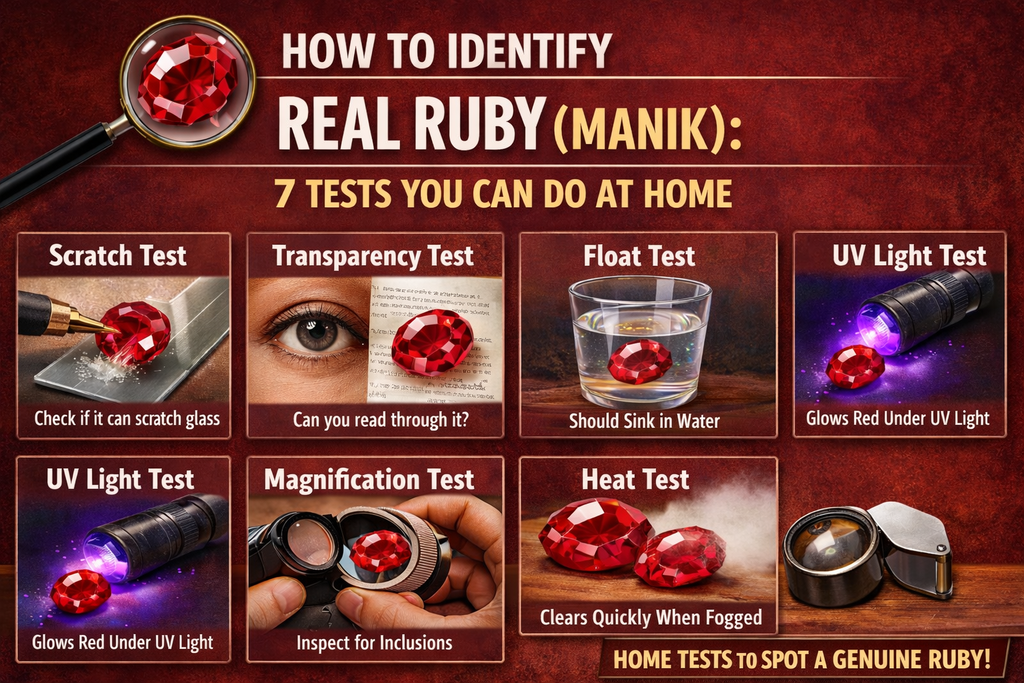 Natural ruby (Manik) gemstone with 7 identification tests — scratch test, fog test, light test, inclusion test, weight test, colour angle test and lab certification — infographic by Click Gems