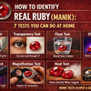 Natural ruby (Manik) gemstone with 7 identification tests — scratch test, fog test, light test, inclusion test, weight test, colour angle test and lab certification — infographic by Click Gems
