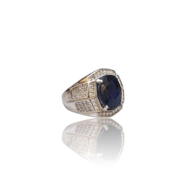 Natural Blue Sapphire Thailand Model Silver Ring 5.90 Ct — side view, lab certified natural blue sapphire neelam