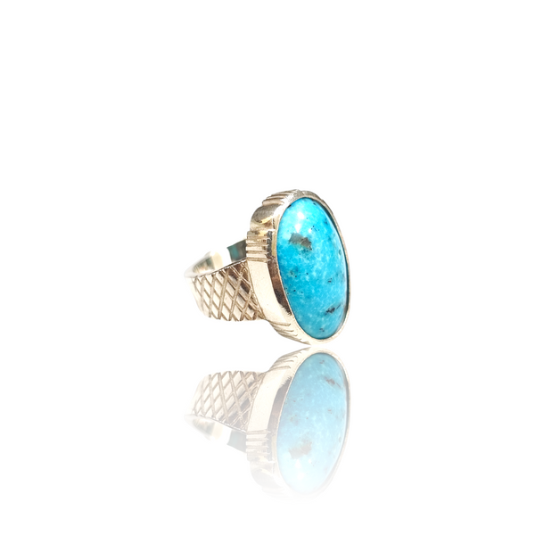 Natural Irani Fairoos Silver Ring 21.93 Ct — side view, lab certified natural Irani firoza turquoise