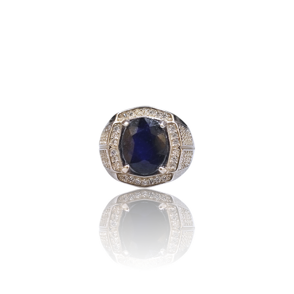 Natural Blue Sapphire Thailand Model Silver Ring 5.90 Ct — close up detail, authentic blue sapphire neelam silver ring