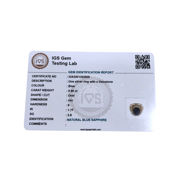 Natural Blue Sapphire Thailand Model Silver Ring 5.90 Ct — natural blue sapphire neelam ring view 5