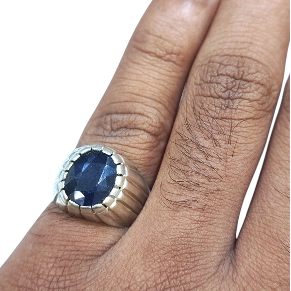 Natural Blue Sapphire Silver Ring 7.25 Ct — natural blue sapphire neelam ring view 4