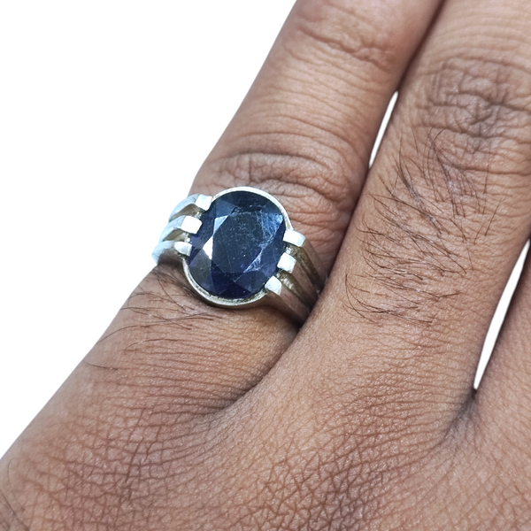Natural Blue Sapphire Silver Ring 4.81 Ct — natural blue sapphire neelam ring view 4
