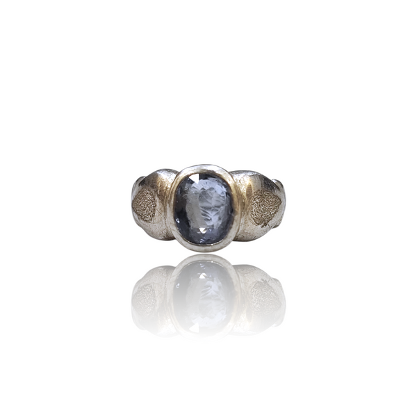 Natural Ceylon Blue Sapphire Silver Ring Ct — close up detail, authentic Ceylon blue sapphire neelam silver ring