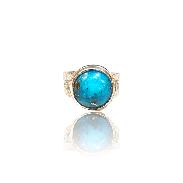 Natural Irani Fairoos Silver Ring 8.88 Ct — close up detail, authentic Irani firoza turquoise silver ring
