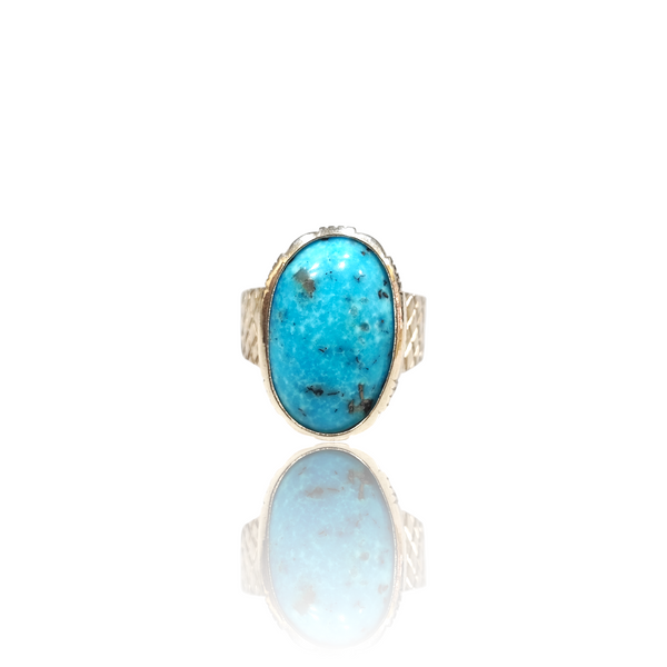 Natural Irani Fairoos Silver Ring 21.93 Ct — close up detail, authentic Irani firoza turquoise silver ring