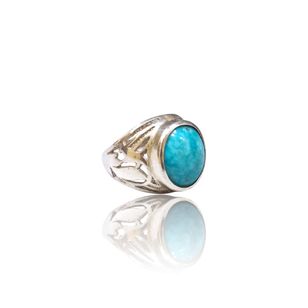 Natural Irani Fairoos Silver Ring 4.12 Ct — side view, lab certified natural Irani firoza turquoise