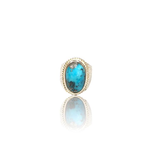 Natural Irani Fairoos Silver Ring 11.50 Ct — close up detail, authentic Irani firoza turquoise silver ring