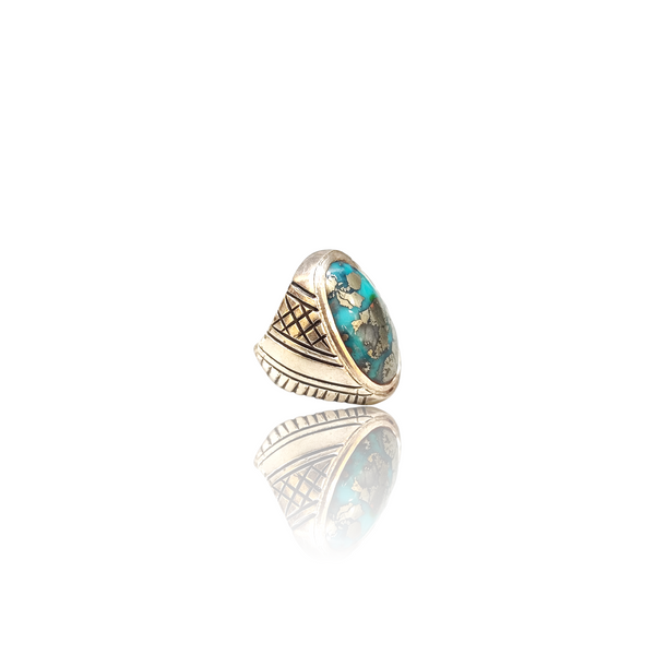 Natural Irani Fairoos Silver Ring 23.00 Ct — side view, lab certified natural Irani firoza turquoise